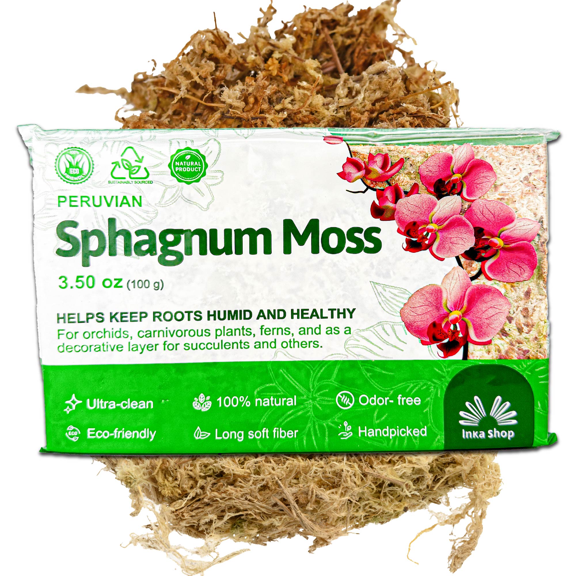 Inka Moss - Sphagnum Moss Plant Potting Soil, 100g—ultra-clean, 100% natural, odor-free, eco-friendly long-fiber moss; ideal for orchids or terrariums. Packaging features orchids and lush moss in the background.