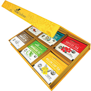 Open yellow Herbal Goodness Variety Tea Gift Set – Organic Teabags (24 Count) box featuring assorted organic teas—Hibiscus, Graviola, Green Tea, and Mullein Leaf—with vibrant packaging and botanical designs.