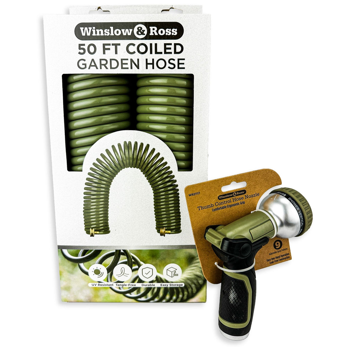 50 FT Coiled Garden Hose with 9-Pattern Spray Nozzle Set | Winslow & Ross