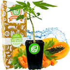 A Wellspring Gardens Red Lady Papaya (Premium size) plant in a black pot with green logo is set before sliced papaya and decorative packaging, showcasing its high-yield fruit, with water splashes in the background.