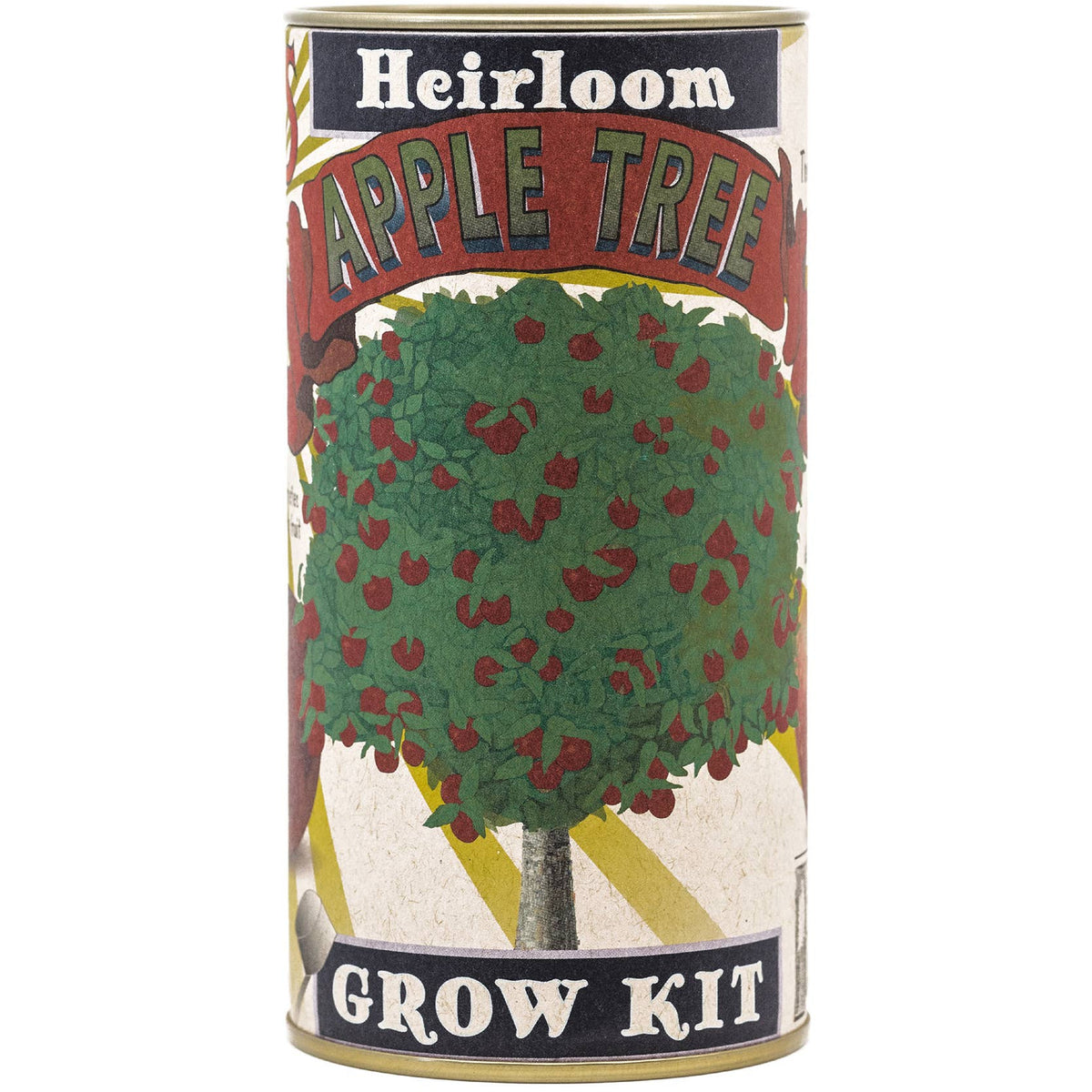 Canister labeled 'Heirloom Apple Tree Grow Kit' with an illustration of an apple tree on a white background.