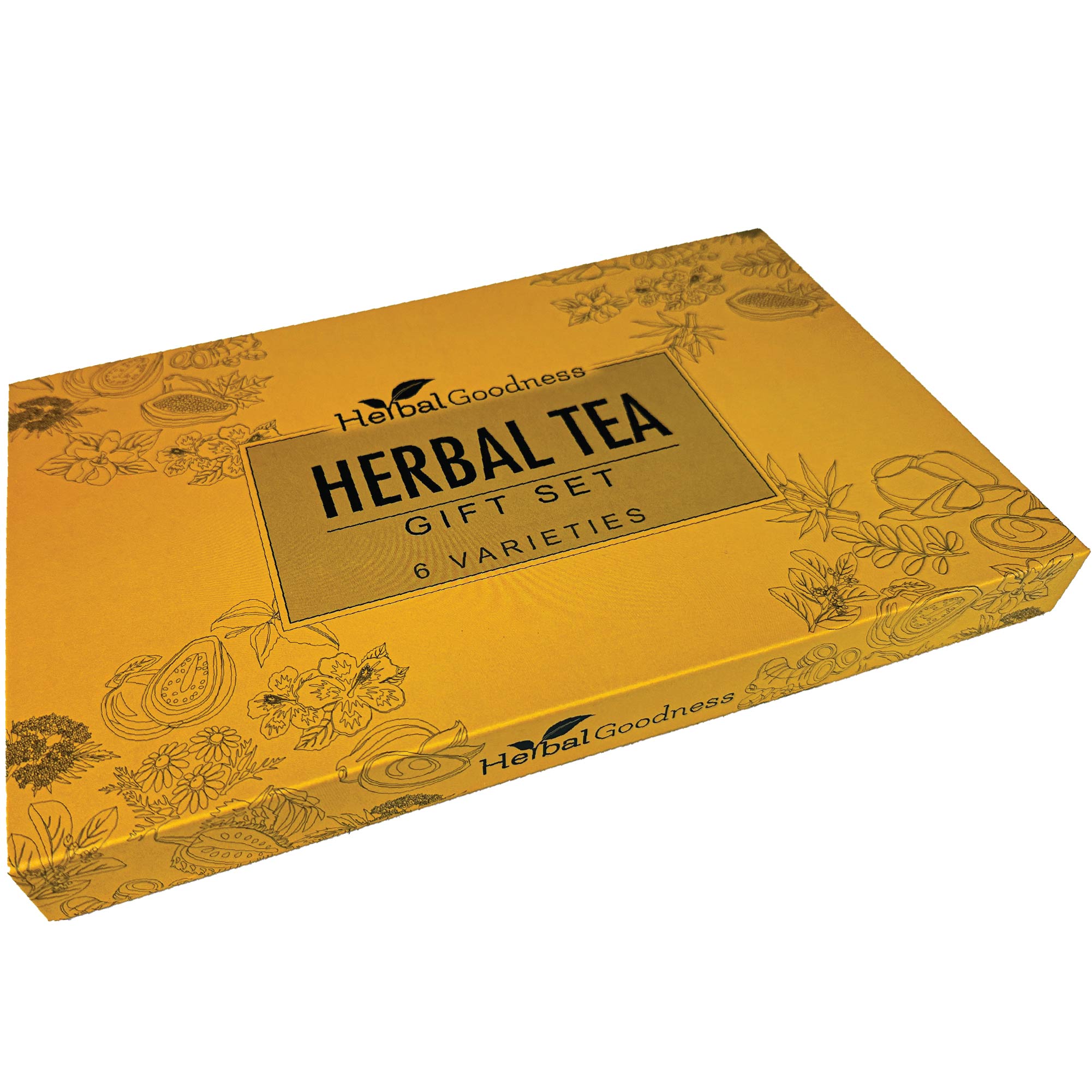A yellow rectangular box labeled Herbal Goodness Variety Tea Gift Set – Organic Teabags (24 Count), featuring botanical illustrations on the packaging.