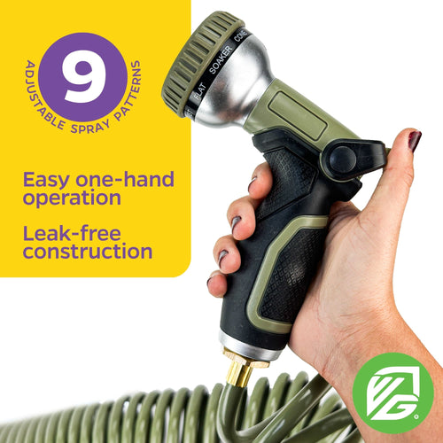 50 FT Coiled Garden Hose with 9-Pattern Spray Nozzle Set | Winslow & Ross