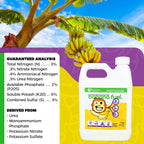 A white bottle of Wellspring Gardens Liquid Banana Fuel Fertilizer (32 FL OZ) with a cartoon monkey label sits before a banana tree. The colorful background highlights its 3-1-6 liquid concentrate formula and nutrient-rich ingredients.