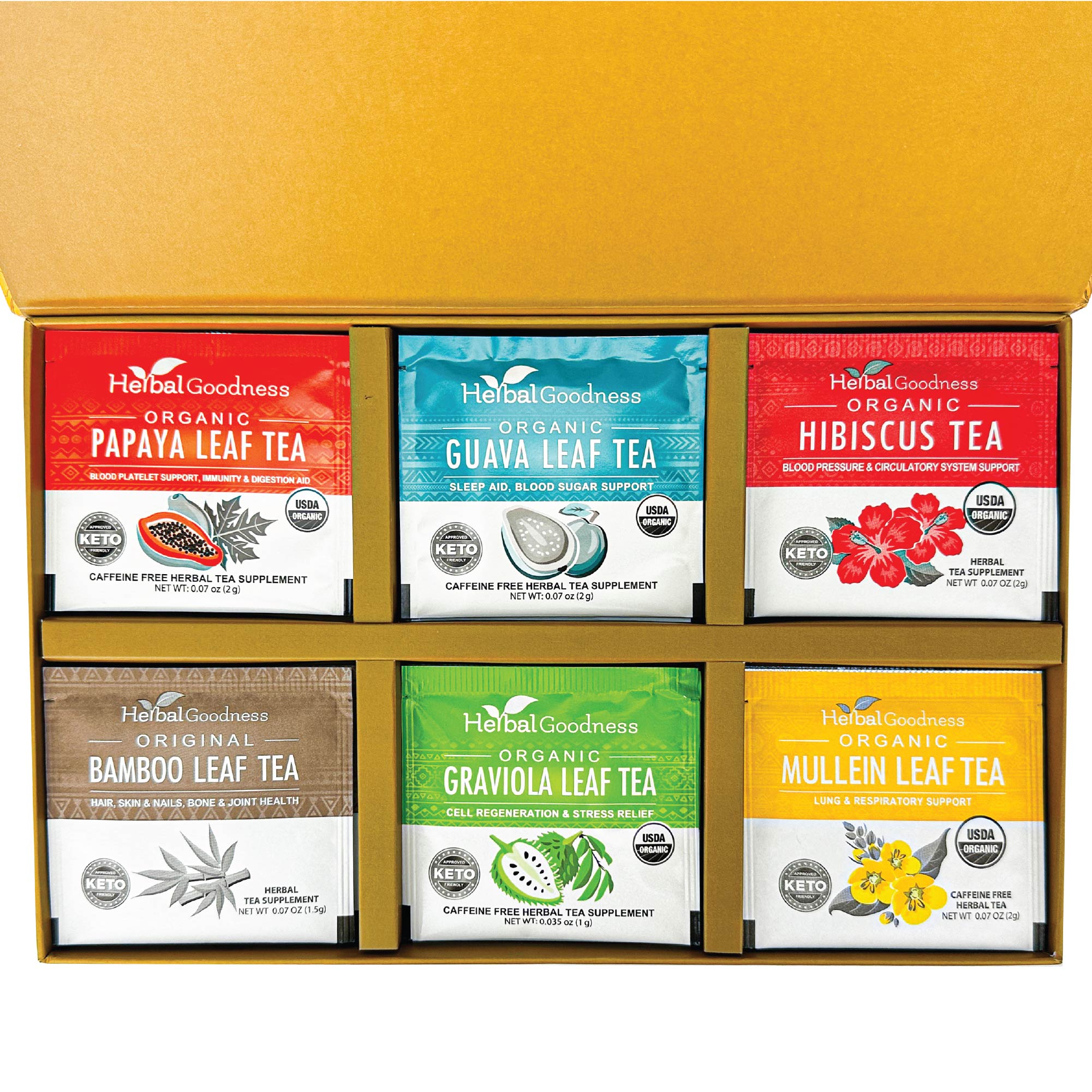 A yellow box contains the Herbal Goodness Variety Tea Gift Set – Organic Teabags (24 Count), featuring six blends: Papaya Leaf, Guava Leaf, Hibiscus, Bamboo Leaf, Graviola Leaf, and Mullein Leaf in colorful packaging.