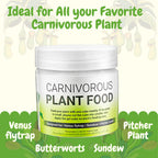 A jar labeled "Bloomify Carnivorous Plant Food, 2.5 OZ" sits amid leaves. Above, text reads "Ideal for All Your Favorite Carnivorous Plants." Listed below: Venus Flytrap, Butterworts, Sundew, and Pitcher Plant food.