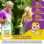 An older man and woman in gardening aprons and gloves smile as they tend to a young banana plant. In the foreground, Wellspring Gardens Liquid Banana Fuel Fertilizer (32 FL OZ), featuring 3-1-6 values and a cartoon mascot, is displayed.