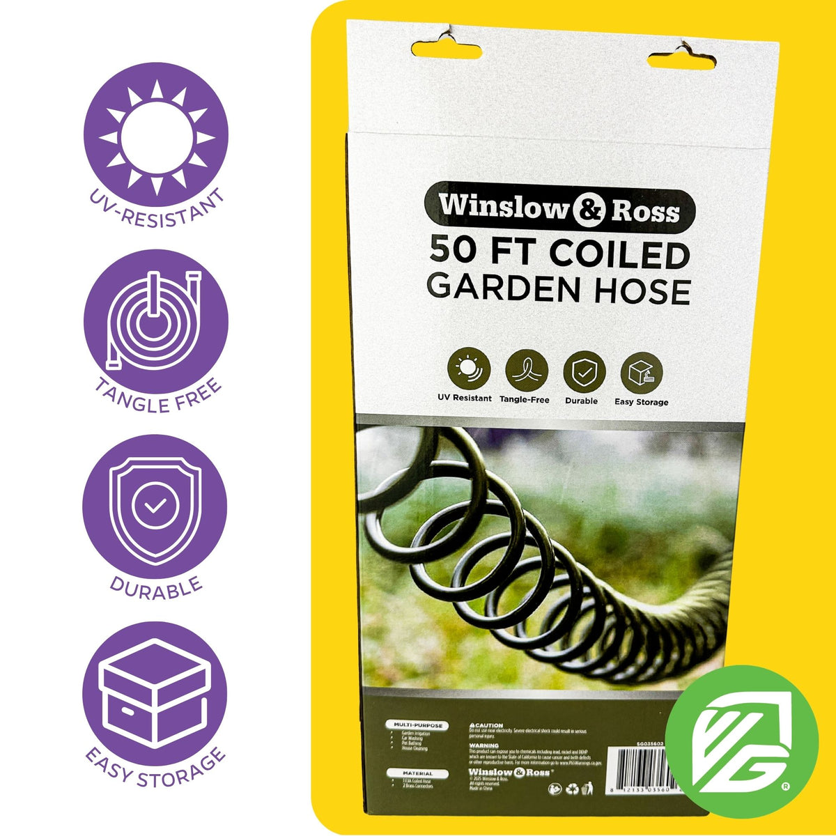 50 FT Coiled Garden Hose with 9-Pattern Spray Nozzle Set | Winslow & Ross