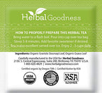 The Herbal Goodness Soursop Leaf Tea - Organic Leaf Tea Bags (24 Count) label lists preparation steps, graviola and guava leaf ingredients, USDA Organic and Kosher certifications, brand info, and suggests enjoying 2-3 cups of this caffeine-free tea daily.