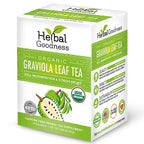 Herbal Goodness Soursop Leaf Tea - Organic Leaf Tea Bags (24 Count) is a caffeine-free herbal tea with graviola benefits for cell regeneration and stress relief. USDA Organic, Keto certified, and features a graviola fruit illustration on the box.