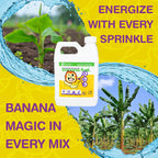 A 32 FL OZ bottle of Wellspring Gardens Liquid Banana Fuel Fertilizer appears beside banana plants at various growth stages, with bold yellow and purple text: “Energize with every sprinkle” and “Banana magic in every mix.”.