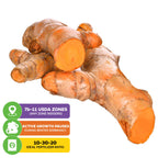 Two pieces of Wellspring Gardens' Yellow Turmeric Ginger (Curcuma longa), one partially sliced, are shown above info boxes with USDA zones 7b-11, winter dormancy, and a recommended 10-30-20 fertilizer ratio for this edible plant.