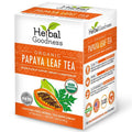 A box of Herbal Goodness Papaya Leaf Tea - Organic Tea Bags (24 Count), a caffeine-free herbal tea by Herbal Goodness, with USDA Organic and Keto Certified labels, supports blood platelet health, immunity, and digestion.