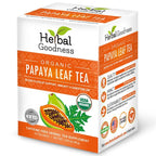 A box of Herbal Goodness Papaya Leaf Tea - Organic Tea Bags (24 Count), a caffeine-free herbal tea by Herbal Goodness, with USDA Organic and Keto Certified labels, supports blood platelet health, immunity, and digestion.