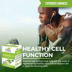 A fit man listens to music outdoors with earphones. In the foreground, a box of Herbal Goodness Soursop Leaf Tea - Organic Leaf Tea Bags (24 Count) by Herbal Goodness highlights this caffeine-free tea for healthy cell function.