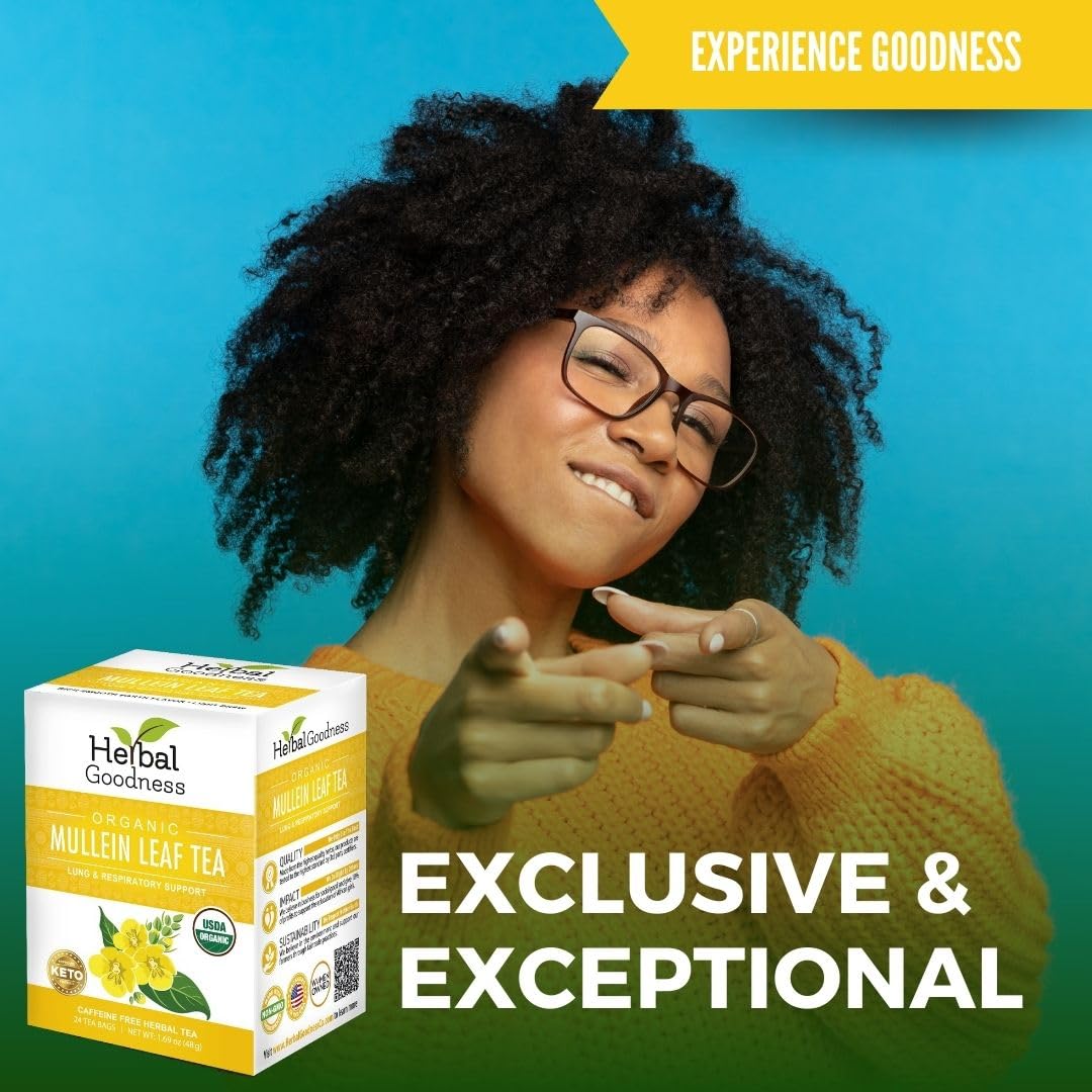 A smiling woman in a yellow sweater and glasses points confidently toward the camera. In the foreground is a box of Herbal Goodness Mullein Leaf Tea - Organic Tea Bags (24 Count). Text reads, EXCLUSIVE & EXCEPTIONAL and EXPERIENCE GOODNESS.