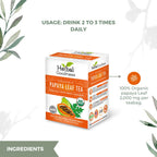 Herbal Goodness Papaya Leaf Tea - Organic Tea Bags (24 Count) by Herbal Goodness is featured, labeled as 100% organic with 2,000 mg per bag. Enjoy this caffeine-free herbal tea 2–3 times daily. Decorative leaves frame the box in the image.