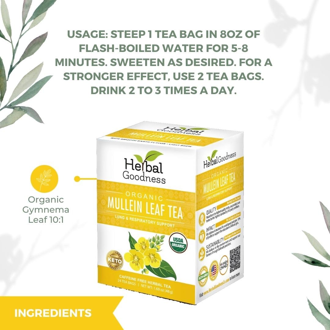 Herbal Goodness Mullein Leaf Tea - Organic Tea Bags (24 Count)