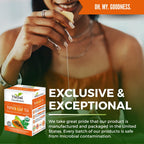 A person holds a tea bag over a cup, with a box of Herbal Goodness Papaya Leaf Tea - Organic Tea Bags (24 Count) in the foreground. Text reads: Exclusive & Exceptional, highlighting this caffeine-free herbal tea’s safety and quality.