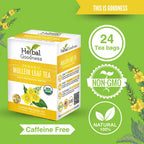 Herbal Goodness Mullein Leaf Tea - Organic Tea Bags (24 Count) is USDA organic, caffeine-free, Non-GMO, and made from 100% natural ingredients. Comes in a box with green and white labels featuring yellow flowers.
