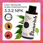 A bottle of Flourish Organic All-Purpose Plant Food by Flourish is shown with green leaves. This water-soluble fertilizer features easy-measure concentrate, organic certification, sustainable sources, and USA-made quality.