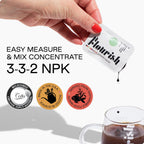 A hand pours Flourish Organic All-Purpose Plant Food (5 Packets) into a glass container. Text highlights easy measuring and organic quality, with certification and sustainability icons shown below.