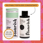 A bottle of Flourish Organic All-Purpose Plant Food from Flourish, labeled 3-3-2, features text about water soluble fertilizer for easy mixing and balanced plant nutrients.