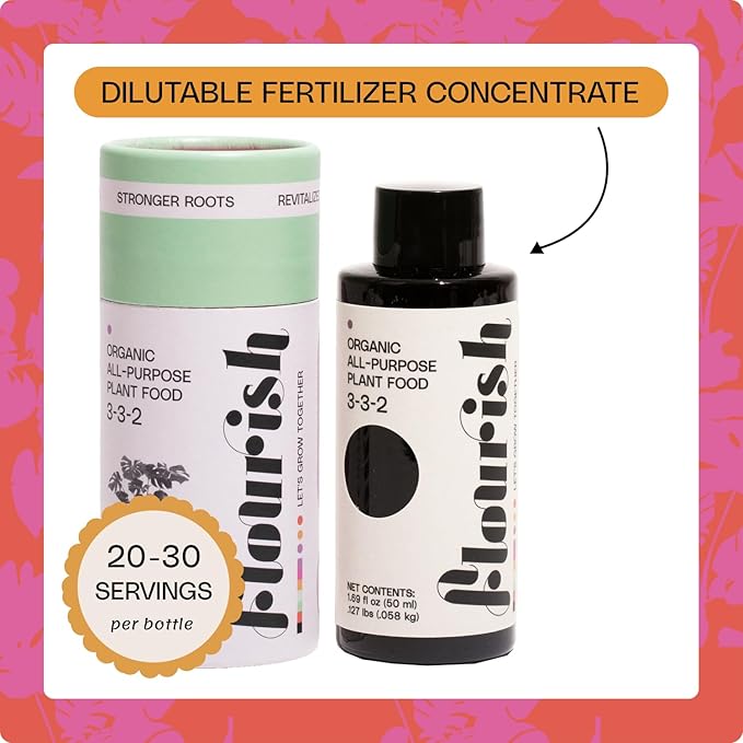 A bottle of Flourish Organic All-Purpose Plant Food from Flourish, labeled 3-3-2, features text about water soluble fertilizer for easy mixing and balanced plant nutrients.