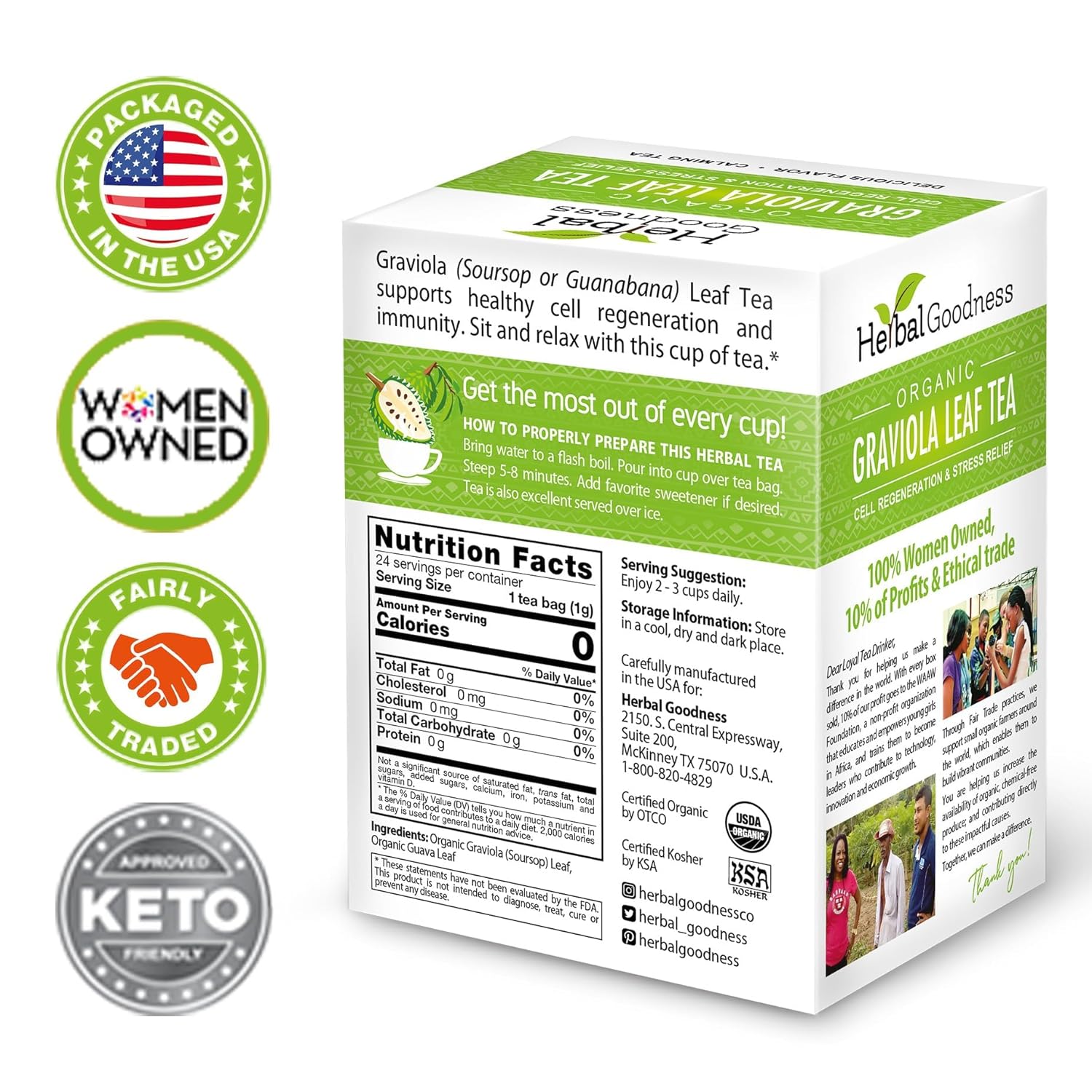 Herbal Goodness Soursop Leaf Tea - Organic Leaf Tea Bags (24 Count)