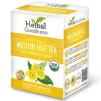 Herbal Goodness Mullein Leaf Tea - Organic Tea Bags (24 Count) by Herbal Goodness; USDA organic, caffeine-free herbal tea for lung & respiratory support. The box features yellow flowers on the front.