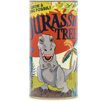 A cylindrical tin canister for 'Jurassic Tree' featuring a cartoon T-rex on a colorful prehistoric-themed label with the text 'GROW A DINO FOSSIL!'.