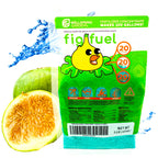 A green bag of Wellspring Gardens Fig Fuel Fertilizer (20-20-20) sits before figs and splashing water; the cartoon frog package makes 100 gallons of water-soluble plant food for fig trees and other fruiting plants.
