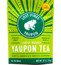 The green resealable pouch of Lost Pines Yaupon Tea Bags (16) features a frog logo, sunburst design, and “North America’s Native Caffeine.” It’s a smooth, caffeinated herbal tea wildcrafted in the U.S., with jitter-free energy. 0.85 oz total.