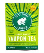 The green resealable pouch of Lost Pines Yaupon Tea Bags (16) features a frog logo, sunburst design, and “North America’s Native Caffeine.” It’s a smooth, caffeinated herbal tea wildcrafted in the U.S., with jitter-free energy. 0.85 oz total.