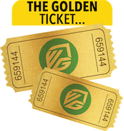 Two gold tickets with green logos and the number 659144, overlapping each other, under a yellow banner that says THE GOLDEN TICKET... in bold black letters.