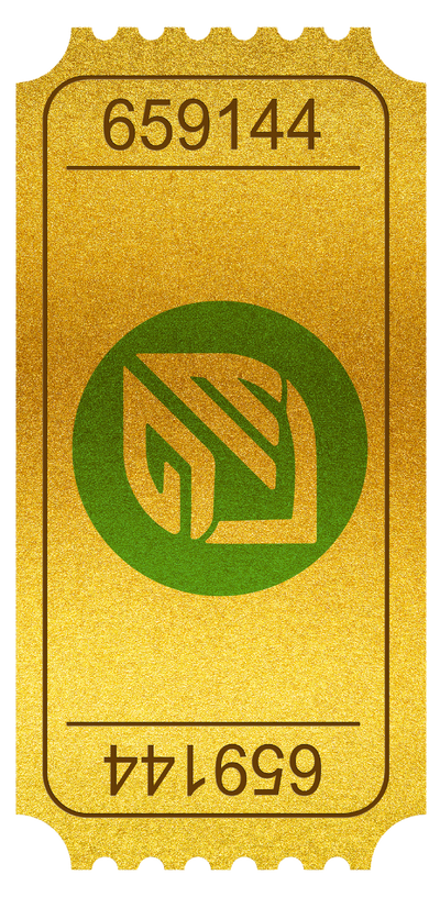 A gold ticket with the number 659144 at the top and bottom, featuring a green circular emblem with a stylized design in the center.