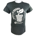 A mannequin models the dark gray Wellspring Gardens T-shirt featuring white graphics: “Plants: The Original Plant-Based, Solar-Powered, Carbon-Negative”—the perfect shirt for any plant lover.