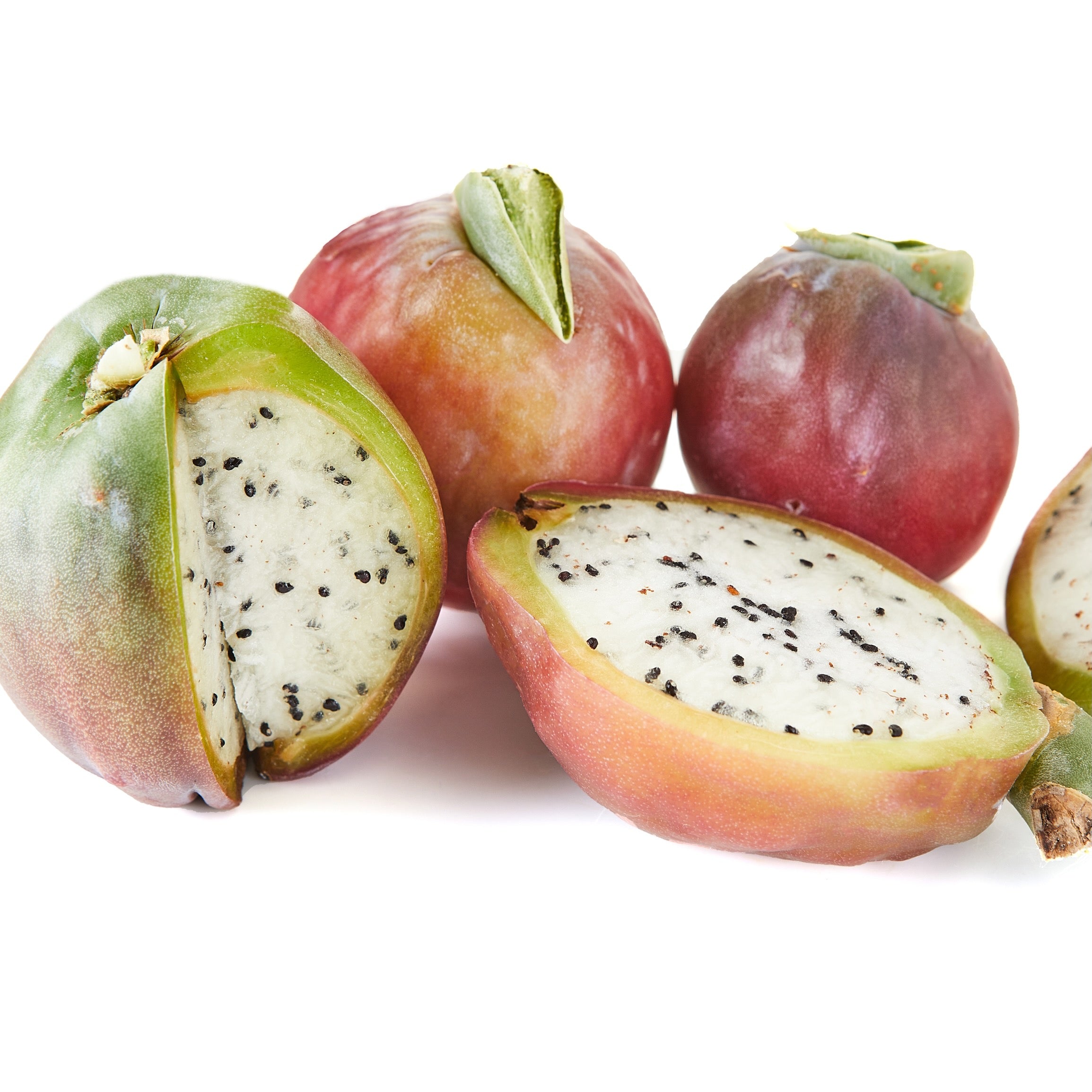 Four Peruvian Apple Cactus fruits (Cereus peruvianus repandus) from Wellspring Gardens are shown—two whole and two cut open to display white flesh with small black seeds, all set against a white background.