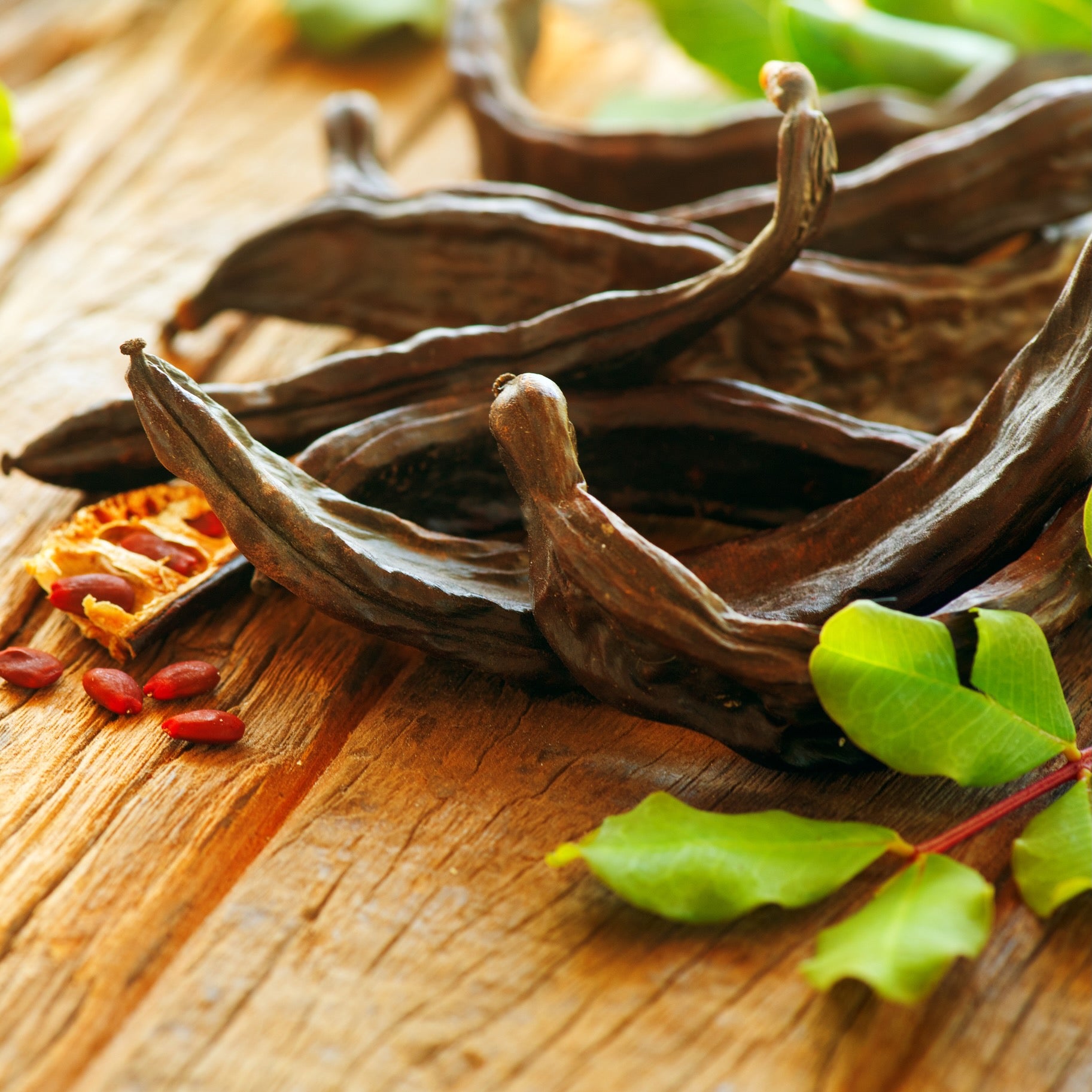 Wellspring Gardens Carob Bean (Ceratonia siliqua) pods and seeds, a natural cacao alternative, are displayed on rustic wood beside fresh green leaves.
