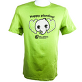 The Elepaio Elephant 'Happy planting!' T-shirt from Wellspring Gardens features a cheerful cartoon elephant with leafy ears, the motto "Happy planting!" above, and Wellspring Gardens logo—ideal as a gardening mascot or unique gift.