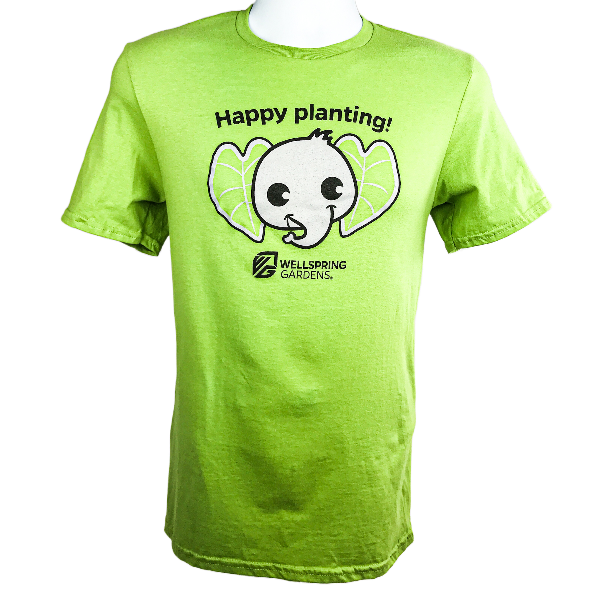 The Elepaio Elephant 'Happy planting!' T-shirt from Wellspring Gardens features a cheerful cartoon elephant with leafy ears, the motto "Happy planting!" above, and Wellspring Gardens logo—ideal as a gardening mascot or unique gift.