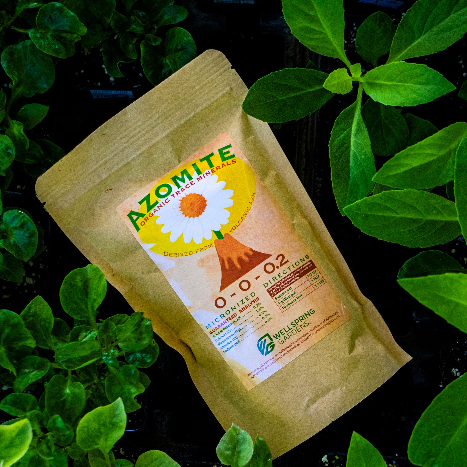 A brown Wellspring Gardens bag of AZOMITE Organic Trace Minerals (from volcanic ash, 14-oz or 2-lb) sits among green plants. The label shows a white flower, volcano image, and notes it’s an organic fertilizer and nutrient additive.