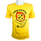 The Mekong Monkey 'Happy planting!' T-shirt by Wellspring Gardens features a winking cartoon face, banana illustration, and slogan. Shown on a white mannequin torso with the Wellspring Gardens logo below the image.
