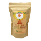 A brown paper bag labeled AZOMITE Organic Trace Minerals—Derived from Volcanic Ash (14-OZ or 2-LB) by Wellspring Gardens. The label features a flower graphic, micronized minerals, NPK values, and the Wellspring Gardens logo at the bottom.