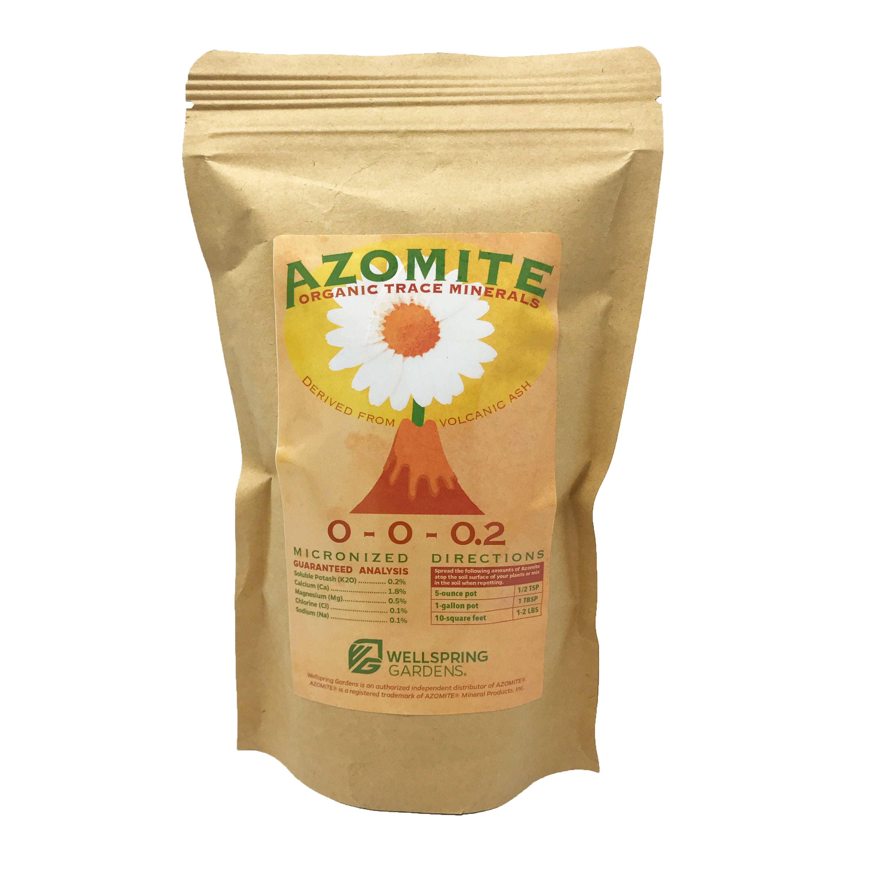 A brown paper bag labeled AZOMITE Organic Trace Minerals—Derived from Volcanic Ash (14-OZ or 2-LB) by Wellspring Gardens. The label features a flower graphic, micronized minerals, NPK values, and the Wellspring Gardens logo at the bottom.