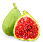 Two green Desert King Figs (San Pedro) by Wellspring Gardens are shown—one whole and one halved to reveal its vivid red, seed-filled interior—set against a plain white background.