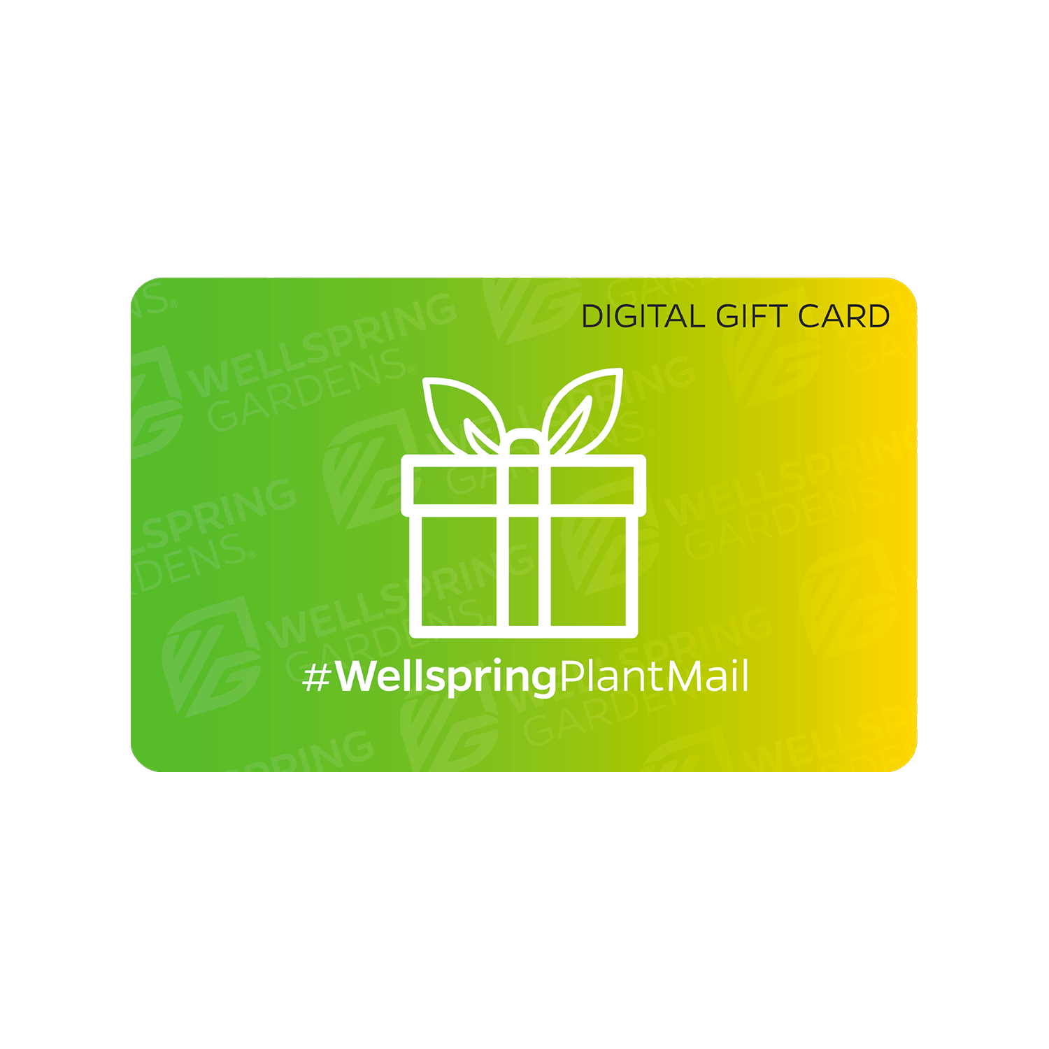 A Wellspring Gardens Gift Card ($5-$500) features a green-yellow gradient, a white gift with leaves, #WellspringPlantMail, and DIGITAL GIFT CARD—the perfect plant gift from Wellspring Gardens: Your Source for Rare, Tropical Starter-size Plants.