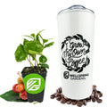 The Wellspring Gardens Live Coffee Plant + 'I Grow My Own Coffee' 18-OZ Travel Tumbler Gift Set features a Coffea Arabica plant in a black pot beside a branded white tumbler, surrounded by roasted beans—perfect for coffee lovers.