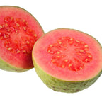 Two halves of Wellspring Gardens' Barbie Pink Guava (Psidium guajava), with greenish skin, vibrant pink flesh, and small central seeds, are displayed against a white background.