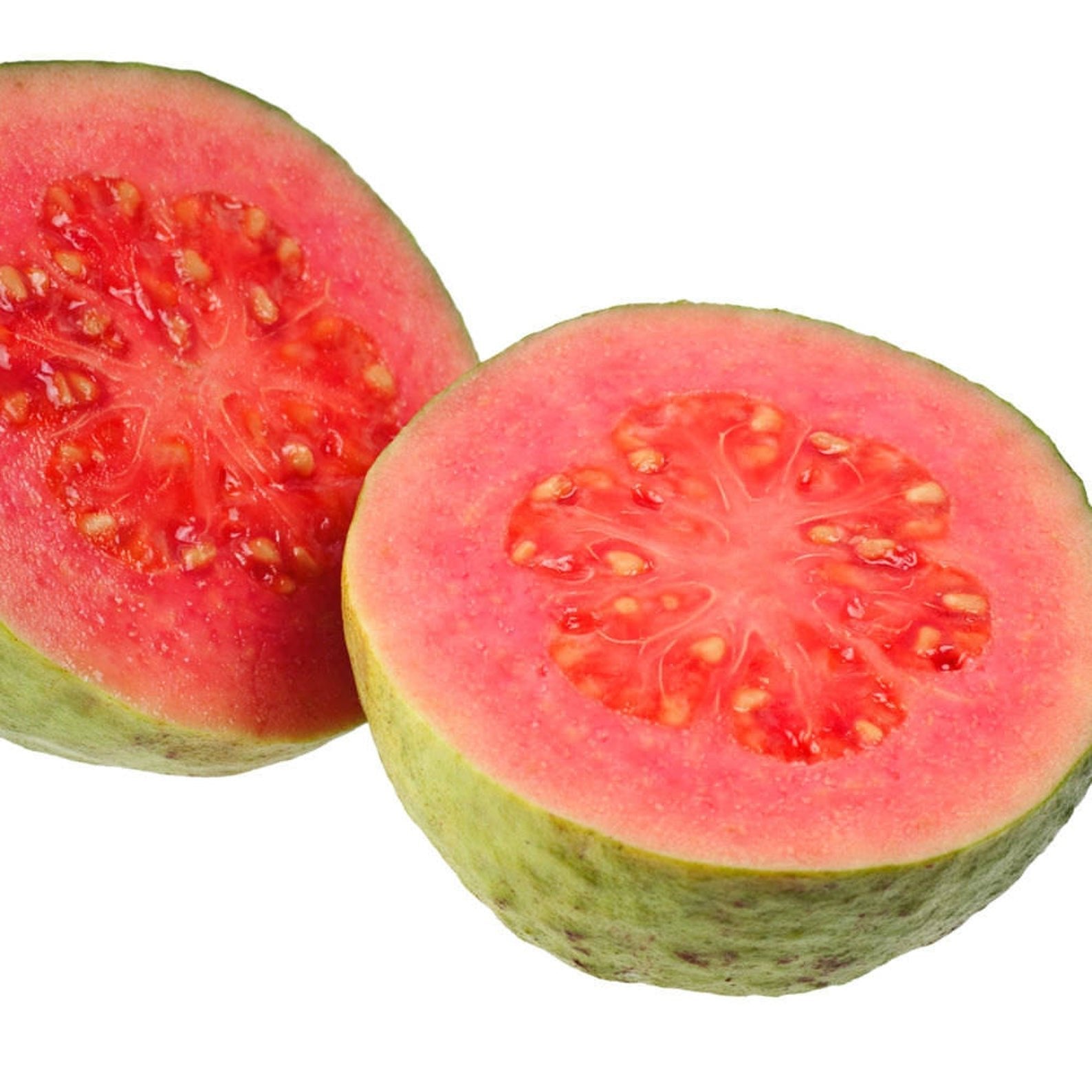 Two halves of Wellspring Gardens' Barbie Pink Guava (Psidium guajava), with greenish skin, vibrant pink flesh, and small central seeds, are displayed against a white background.